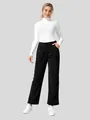 Detailed view of women's high-waisted black corduroy straight-leg casual trousers - S / Bottoms / Black