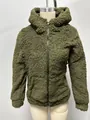 Frontal detail of olive green fuzzy sherpa hoodie with zipper shown on mannequin - 3XL / Tops / Army Green