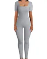 Sexy grey ribbed yoga bodysuit with square neck and short sleeves for fitness workout - S / Top And Bottom / T-Shirts / Light Gray