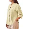Chemise décontractée élégante en coton et lin pour femme avec col montant et manches longues - S / Hauts / Light jaune
