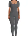 Gray ribbed square neck one-piece slim-fit yoga jumpsuit for women's fitness sports - S / Top And Bottom / T-Shirts / Dark Gray