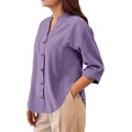 Chemise Henley en coton et lin violette pour femme avec col montant et manches longues - S / Hauts / Lavande