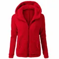 Close-up view of red fuzzy plush hoodie with full-front zipper and cozy texture - 3XL / Tops / Red