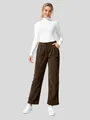 Volledig vooraanzicht van bruine corduroy broek met hoge taille voor dames, casual stijl - koffiekleur