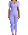 Professional slim fit ribbed yoga jumpsuit with a square neck in light purple color. - S / Top And Bottom / T-Shirts / Purple