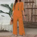 Women's irregular hem orange two-piece set with button details and wide-leg trousers - Orange