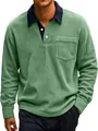 Detail of vintage corduroy long sleeve polo shirt with color block collar and pocket - S / Tops / Green
