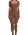 Slim fit brown ribbed square collar one-piece yoga bodysuit for women fitness training. - S / Top And Bottom / T-Shirts / Brown