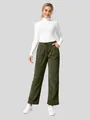 Detailed view of olive green high-waisted corduroy straight-leg trousers for women - S / Bottoms / Army Green