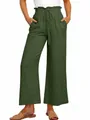 Detailed view of women's olive green elastic waist wide-leg trousers with drawstring - S / Bottoms / Army Green