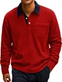 Detail view of red corduroy long sleeve Polo shirt with contrast navy collar and pocket - S / Tops / Brick Red