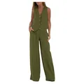 Modisches olivgrünes Leinen-Weste und weite Hose, lässiges zweiteiliges Set für Damen - S / Oberteil Und Unterteil / Armeegrün
