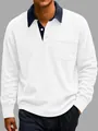 Close-up view showing the corduroy texture of this white long sleeve polo with navy collar - S / Tops / White