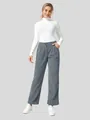 Detailed view of high-waisted grey corduroy straight-leg trousers for autumn winter wear - S / Bottoms / Gray