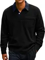 Close-up of men's vintage corduroy long-sleeve polo shirt with contrast collar and pocket - S / Tops / Black