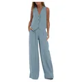 Modisches himmelblaues zweiteiliges Leinen-Set mit geknöpfter Weste und weiter Hose - S / Oberteil Und Unterteil / Marineblau