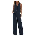 Dunkelblaues Leinen-Zweiteiler-Set mit V-Ausschnitt Weste und weiter Hose Damen - S / Oberteil Und Unterteil / Marineblau