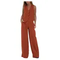 Zweiteiliges Set aus minimalistischer Leinenweste und weiter Hose in modischem Terrakotta - S / Oberteil Und Unterteil / Karminrot