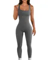 Sleek dark grey ribbed square neck one-piece workout jumpsuit for yoga and fitness. - S / Top And Bottom / Sleeveless / Dark Gray