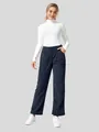 Woman wearing navy corduroy high waist straight leg casual pants against grey backdrop - S / Bottoms / Blue