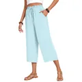 Light blue women's high waisted linen wide leg pants with elastic drawstring waist - S / Bottoms / Capri Pants / Light Blue