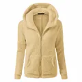 Front view of women's beige hooded fleece zip-up jacket with soft plush texture. - 3XL / Tops / Khaki