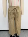 Khaki high-waisted linen wide-leg pants featuring an elastic drawstring waist design - S / Bottoms / Khaki