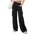 Pantalones cargo de chándal negros para mujer con cordón y amplios bolsillos - S / Bottoms / Negro