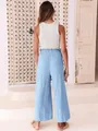 Back view of light blue high waist elastic wide leg cropped trousers for summer casual wear - S / Bottoms / Light Blue
