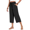Women's high waisted black linen wide leg trousers with elastic drawstring and pockets - S / Bottoms / Black (Seven-Point)