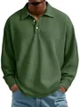 Men's green waffle knit long sleeve polo shirt with classic collar and buttons - Army Green