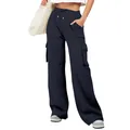Pantalones cargo de chándal azul marino de pierna ancha con cordón para mujer - S / Bottoms / Azul marino
