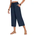 Elegant women's high waist linen wide leg cropped casual pants in solid navy blue - S / Bottoms / Capri Pants / Navy Blue