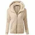 Front view of beige fuzzy hooded zip-up jacket showing soft fleece texture - 3XL / Tops / Apricot