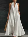 Elegant white V-neck halter maxi dress perfect for summer vacations and leisure wear - S / White