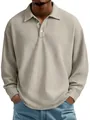 Polo de manga larga para hombre en punto de panal gris claro con un ajuste cómodo y relajado - S / Tops / Caqui