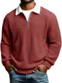 Detail view of men's burgundy waffle knit quarter-zip Polo shirt with contrast white collar - Burgundy