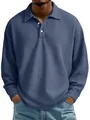 Men's stylish blue waffle knit long sleeve polo shirt perfect for autumn streetwear fashion - Navy Blue