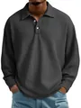 Classic men's dark grey waffle knit long sleeve polo shirt featuring a soft textured finish - Black
