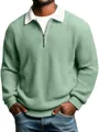 Detail view of men's sage green waffle knit polo shirt with white contrast collar - Light Green