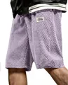 Detail view of light purple men's jacquard plaid casual shorts with textured fabric - Light Purple