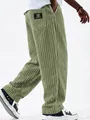 Macro detail of men's loose straight corduroy trousers in sage green with retro patch. - Light Green