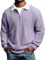 Detailed view of the lavender waffle knit polo shirt featuring a contrast white collar. - Light Purple