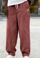 Detail view of men's rust corduroy drawstring pants showing fabric texture - S / Bottoms / Burgundy