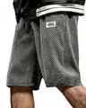 Close-up detail of grey men's jacquard plaid casual shorts showing textured fabric - S / Bottoms / Gray
