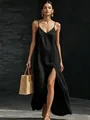 Elegante zwarte maxi-jurk met V-hals en zijsplit voor een stijlvolle zomerse vakantie - S / Tops / Zwart