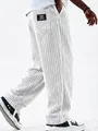 Men's retro white vertical striped corduroy loose straight-leg casual pants for daily wear - S / Bottoms / White