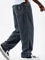 Men's retro loose straight-leg corduroy pants with distinct vertical ribbed texture - S / Bottoms / Navy Blue