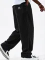 Men's American vintage vertical striped corduroy loose straight casual pants in black - S / Bottoms / Black