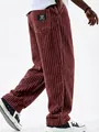 Men's loose fit vintage corduroy pants in maroon color with vertical stripe texture - S / Bottoms / Burgundy